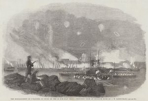 Het bombardement van Sveaborg, brand van de 60 kanonneerbootloodsen, geschetst vanaf een tegenoverliggende rots
